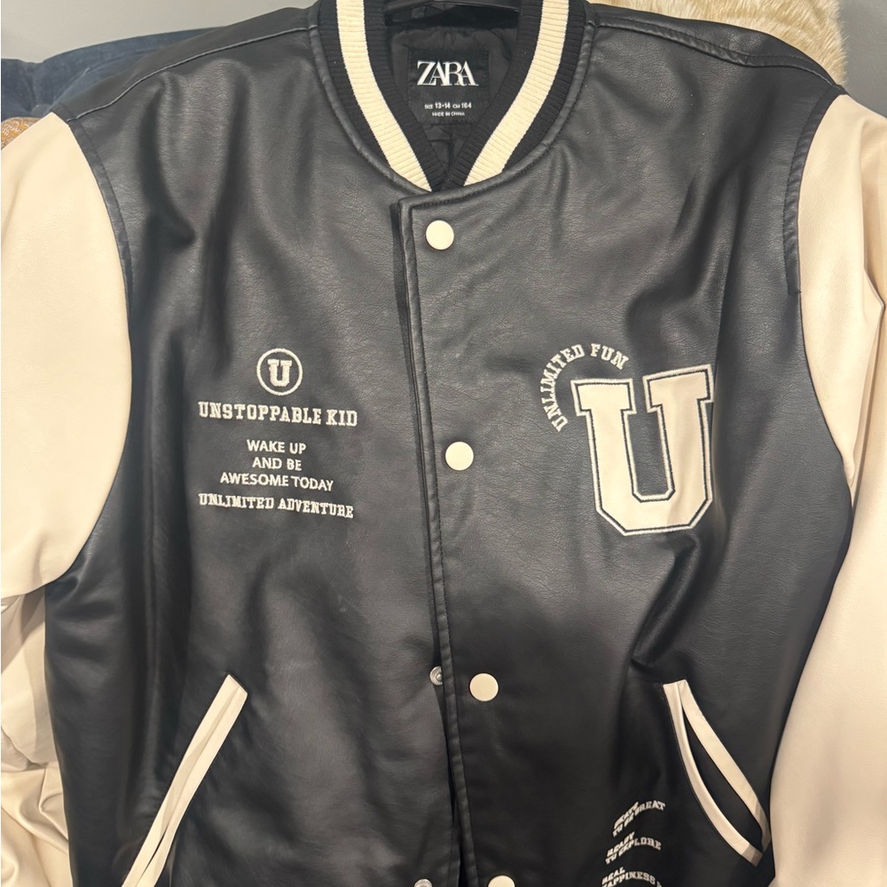 Zara Black and Cream Letterman Jacket